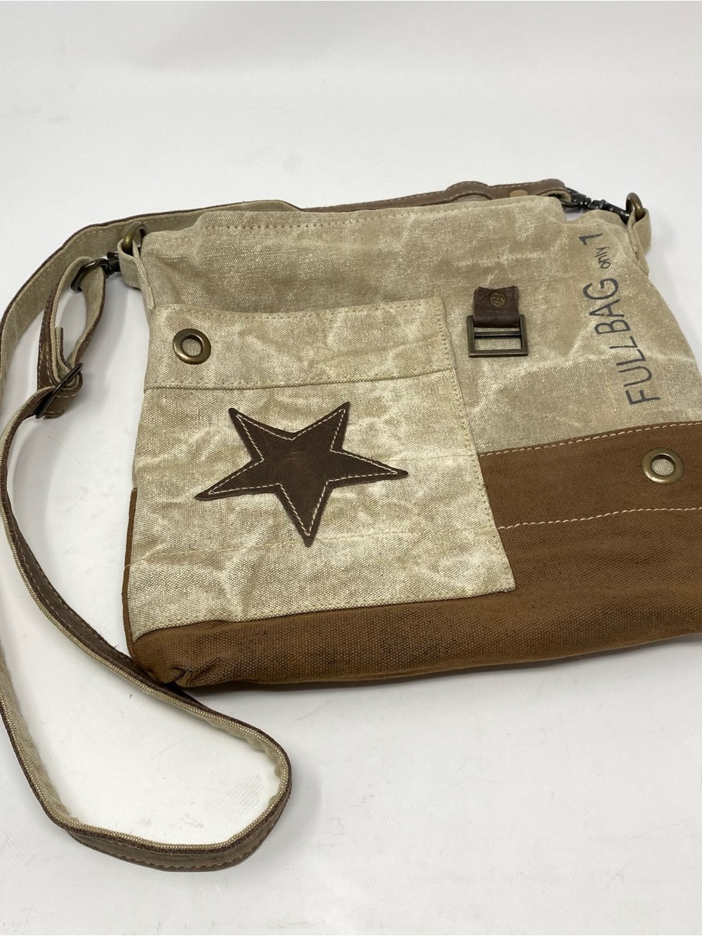 Myra Bag Canvas Leather Crossbody in Khaki and Brown with Star Accent